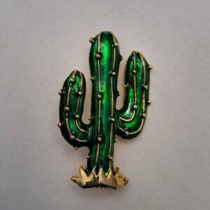 Cactus Lapel Pin Brooch Gold Tone Green Enamel